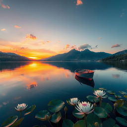 A serene and captivating scene featuring a tranquil lake surrounded by lush greenery and majestic mountains in the background