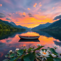 A serene and captivating scene featuring a tranquil lake surrounded by lush greenery and majestic mountains in the background