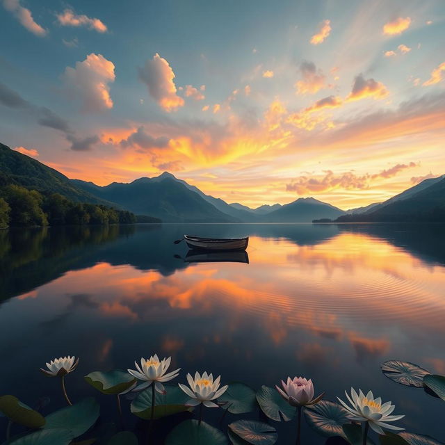 A serene and captivating scene featuring a tranquil lake surrounded by lush greenery and majestic mountains in the background