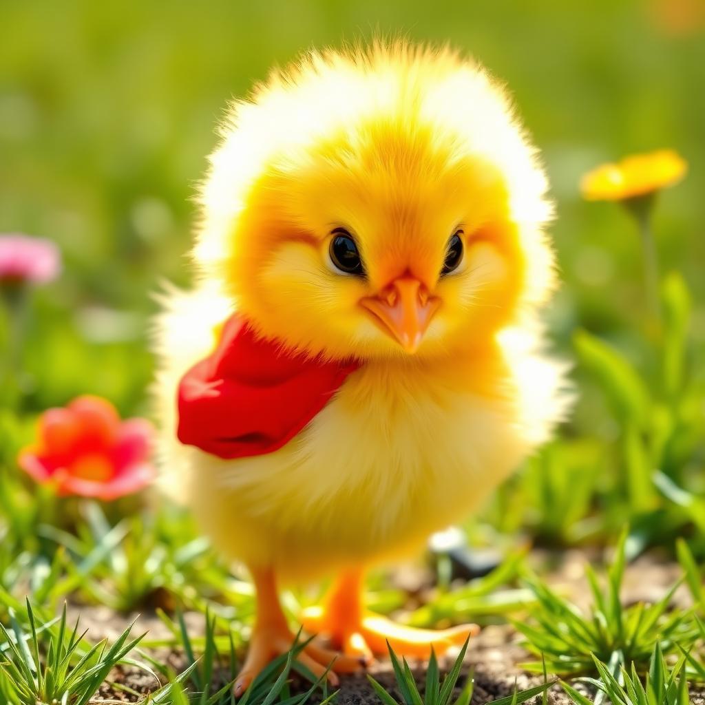 A cute chick wearing a bright red outfit, standing playfully in a sunny field