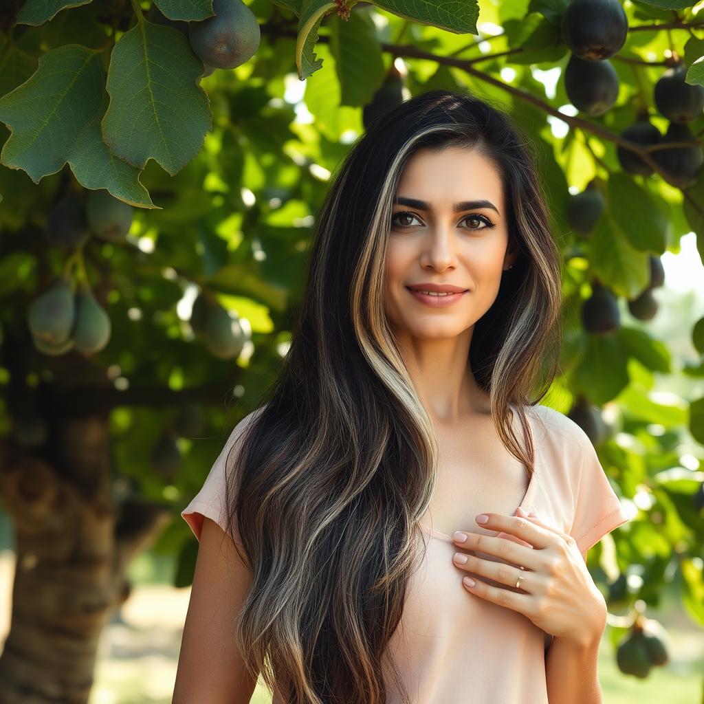 A 46-year-old Iranian mother with thick, long, and very dark brown hair, featuring beautiful streaks of white, stands gracefully under a lush fig tree
