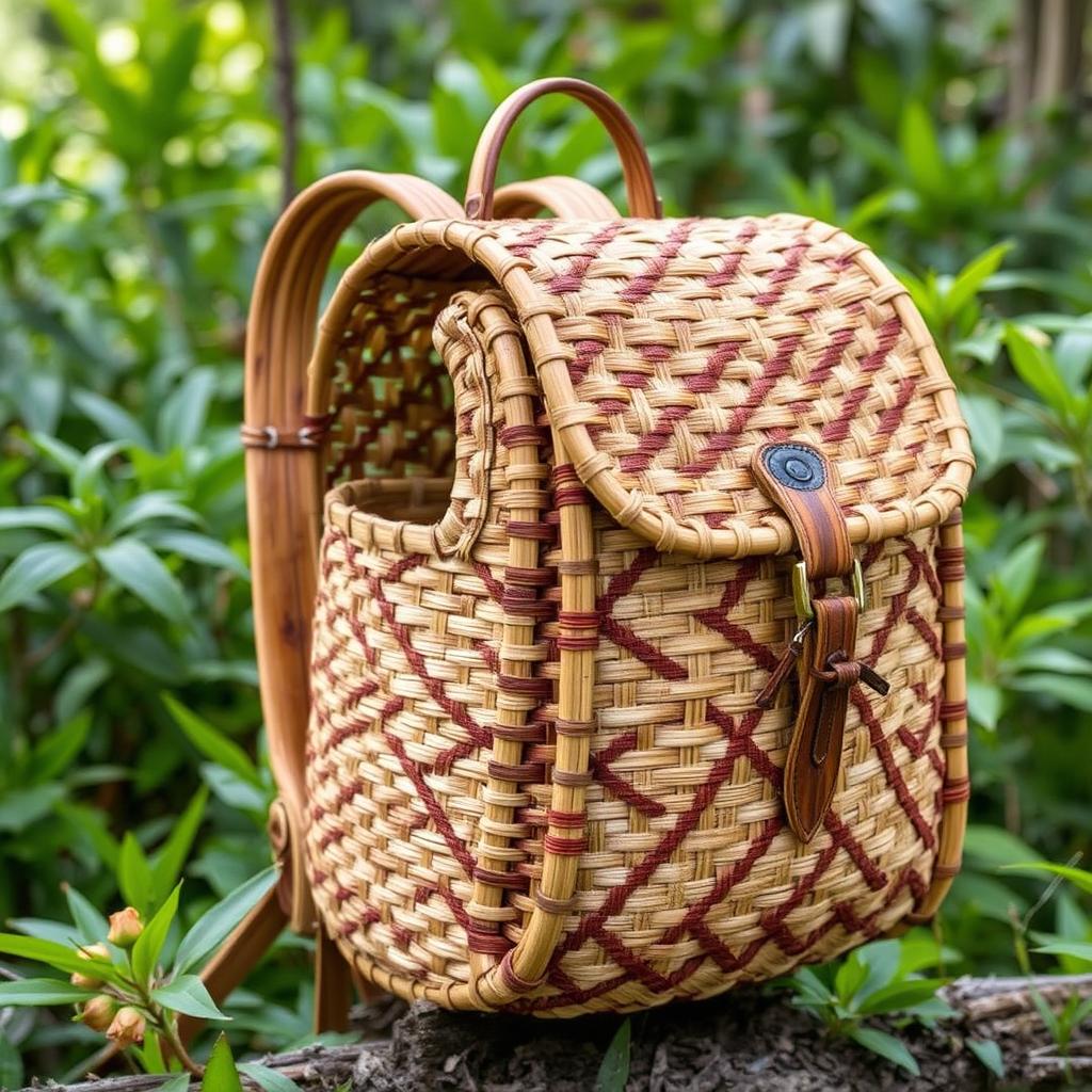 An Isneg pasiking, a traditional handwoven basket-backpack, intricately crafted from bamboo and rattan, showcasing its sturdy yet lightweight design