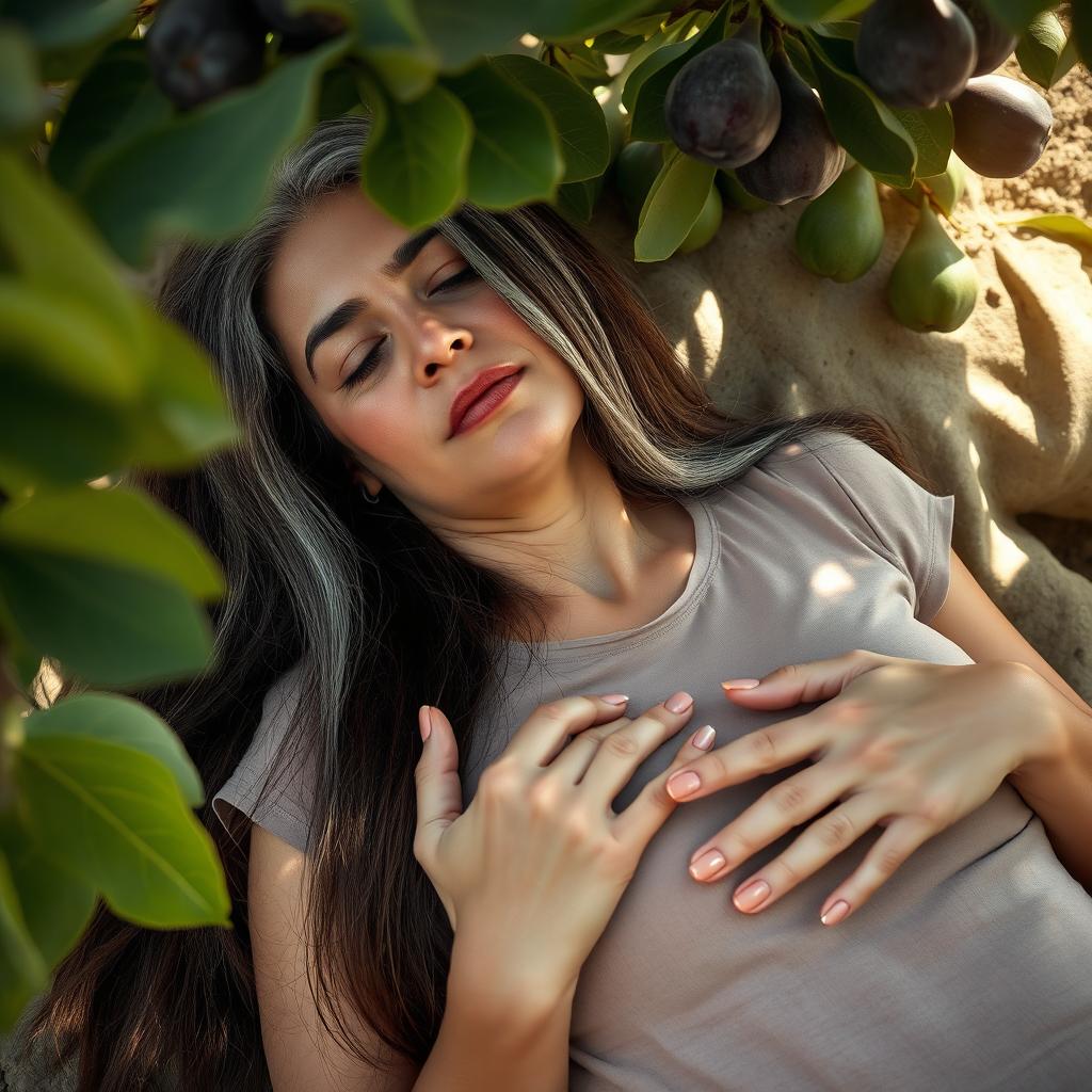 A 46-year-old Iranian mother with thick, long and very dark brown hair, featuring streaks of white hair, is lying peacefully under a fig tree