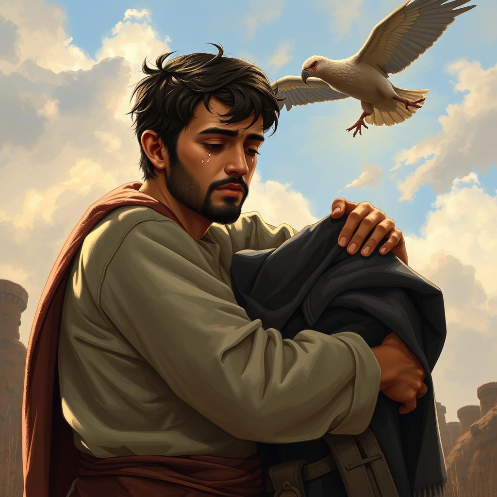 A heartfelt scene depicting a young man in casual clothing embracing his father, who is the king of Iran