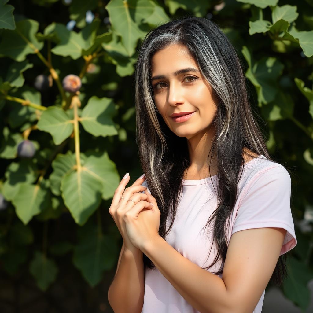 A beautiful 46-year-old Iranian mother, featuring thick, long dark brown hair with striking white streaks, showcasing light skin