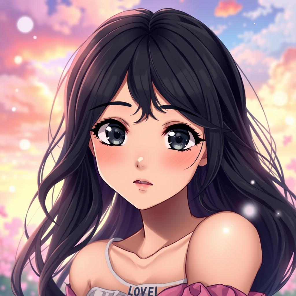 A young female teen with long wavy black hair, delicate facial features, and striking black eyes