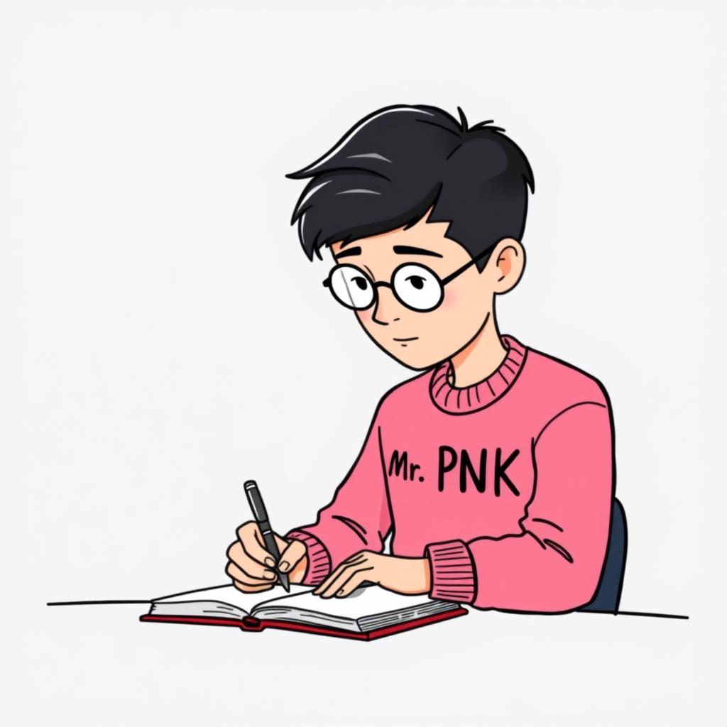 A stylized cartoon drawing of a young man with dark hair and round glasses, wearing a pink sweater that has "Mr