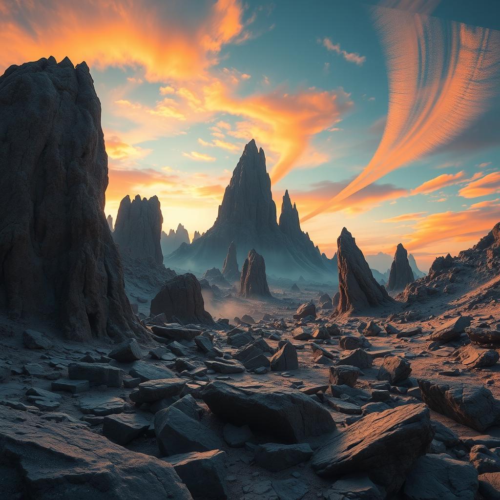 A dramatic, high-resolution image of a rocky alien landscape