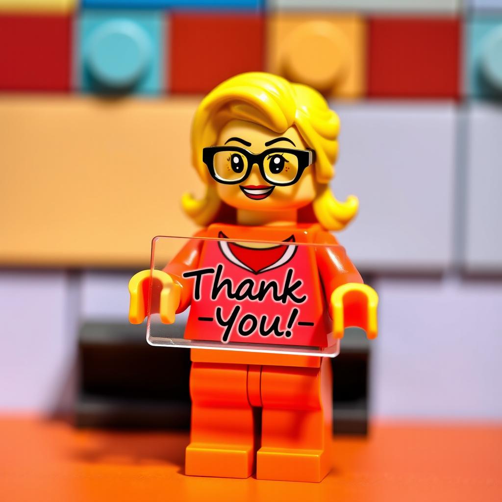 A detailed scene featuring a LEGO woman figurine with bright blond hair and stylish glasses, smiling as she holds a transparent 'Thank You' sign in her hands