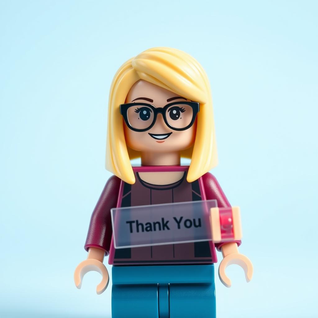 A Lego woman figurine with straight blonde hair that reaches her shoulders, wearing stylish glasses, and holding a transparent "thank you" sign