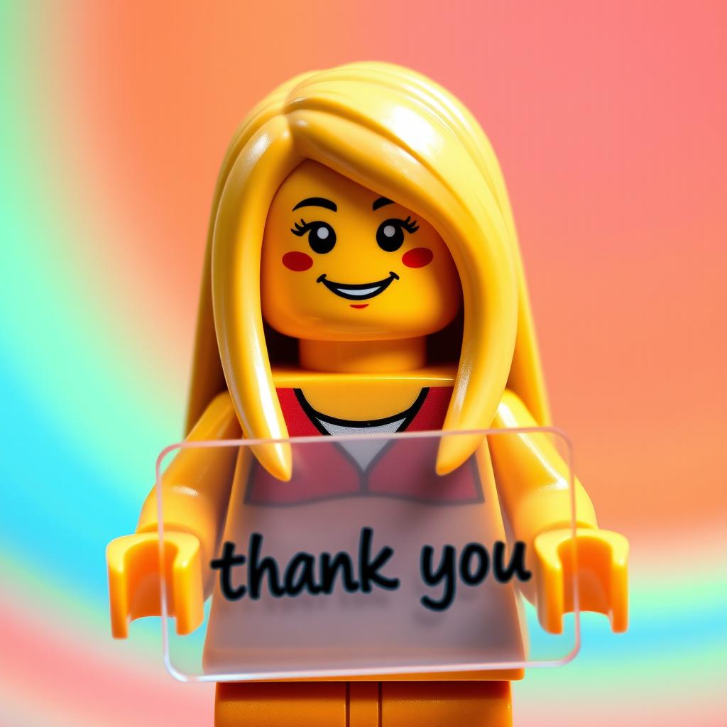 A Lego woman figurine with straight blonde hair that reaches her shoulders, holding a transparent "thank you" sign