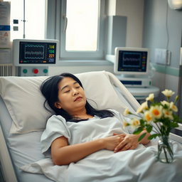 A serene hospital scene featuring a patient resting calmly in a hospital bed, surrounded by soft lighting and modern medical equipment