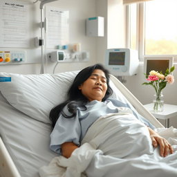 A serene hospital scene featuring a patient resting calmly in a hospital bed, surrounded by soft lighting and modern medical equipment