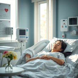 A serene hospital scene featuring a patient resting calmly in a hospital bed, surrounded by soft lighting and modern medical equipment