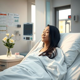 A serene hospital scene featuring a patient resting calmly in a hospital bed, surrounded by soft lighting and modern medical equipment