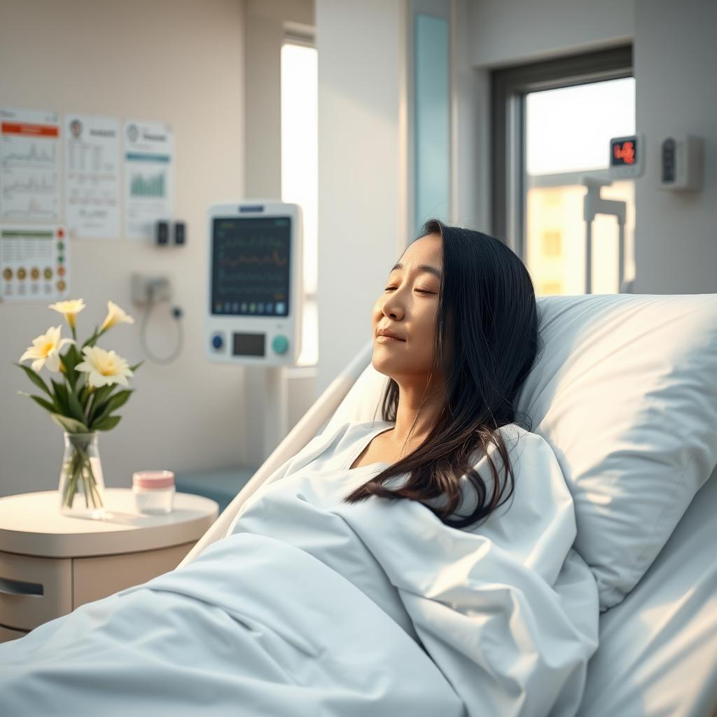 A serene hospital scene featuring a patient resting calmly in a hospital bed, surrounded by soft lighting and modern medical equipment