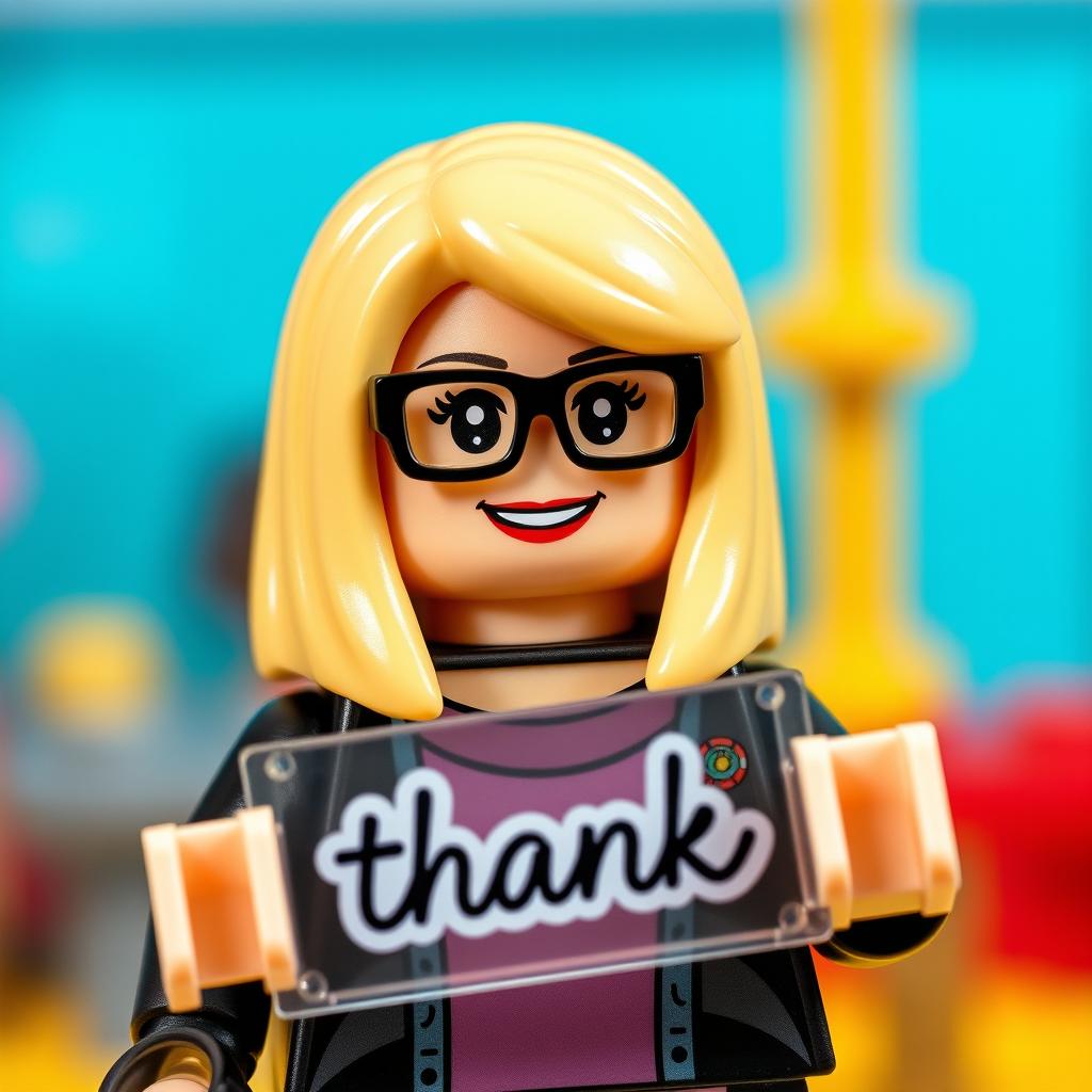 A woman Lego figurine featuring straight blonde hair that falls to her shoulders, wearing stylish glasses, and proudly holding a transparent "thank you" sign