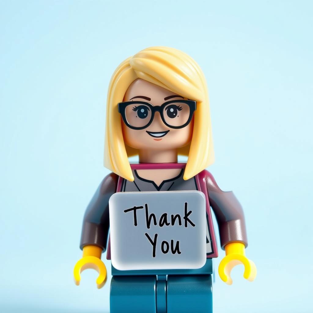 A cheerful female LEGO figurine with straight shoulder-length blonde hair and black glasses, holding a transparent sign that reads 'Thank You'