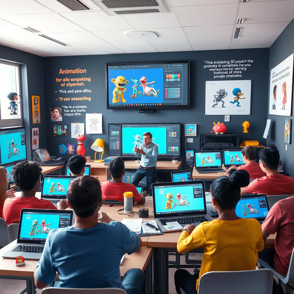 A visually engaging scene showcasing a vibrant 3D animation classroom, filled with students of diverse backgrounds enthusiastically learning
