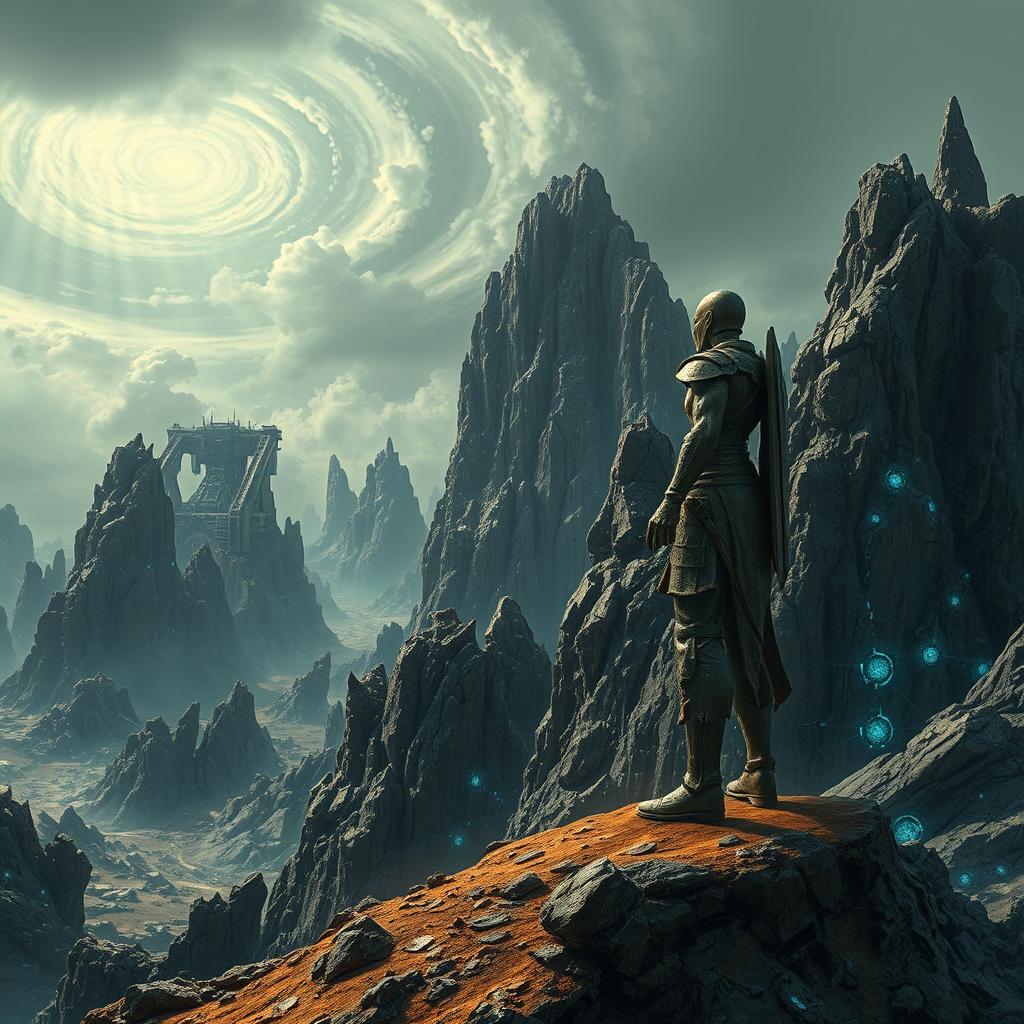A vast landscape of a fictional, desolate world filled with massive metal structures resembling rocky mountains, crafted from jagged, dark metal that glimmers under a dim, ominous sky
