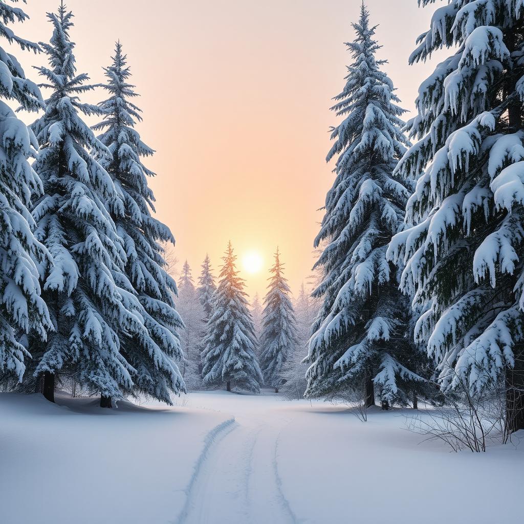A serene winter landscape covered in a thick blanket of snow