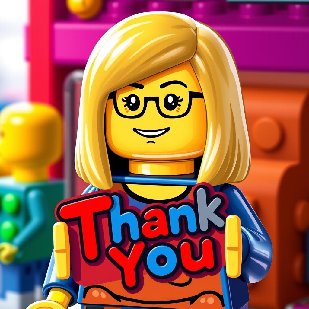 A detailed illustration of a LEGO figurine, featuring a female character with shoulder-length straight blonde hair and glasses