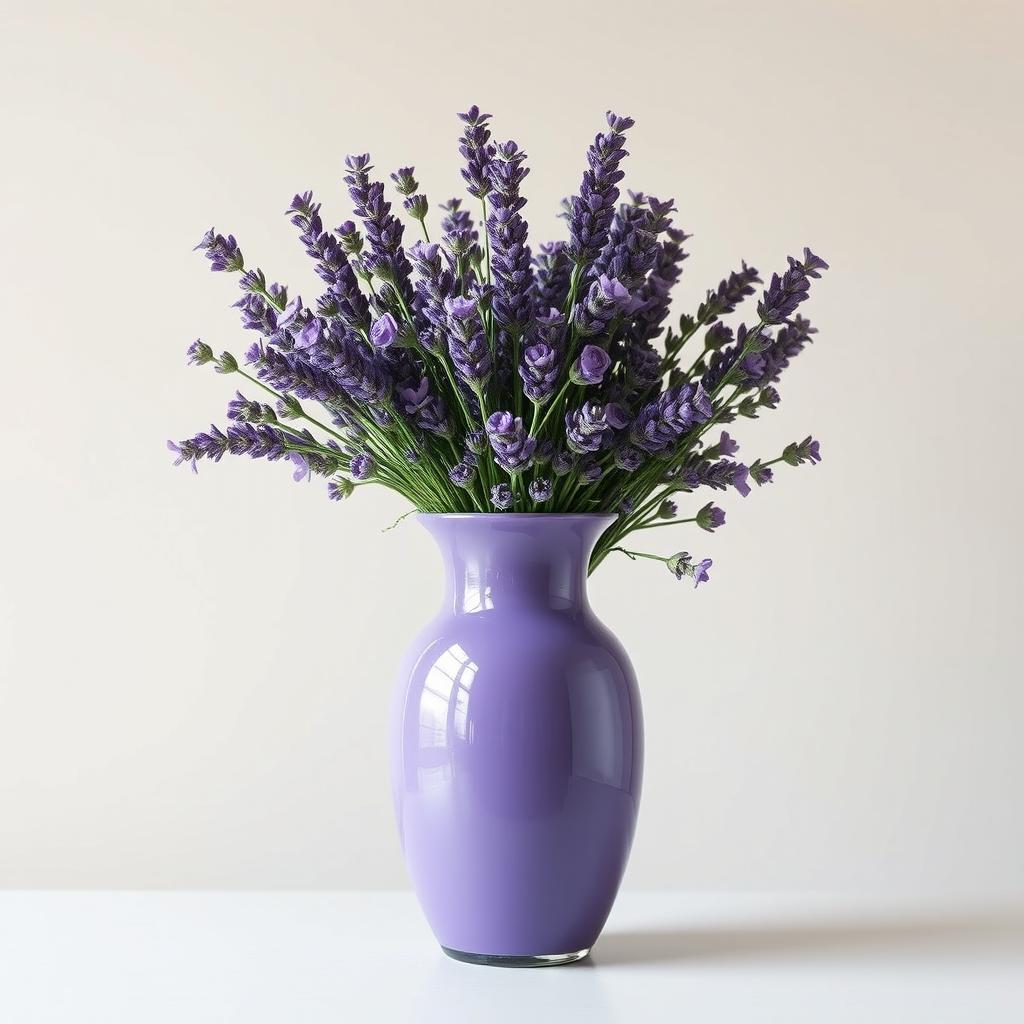 A beautifully arranged lavender vase, showcasing its elegant design fully from every angle, ensuring all parts are equally visible