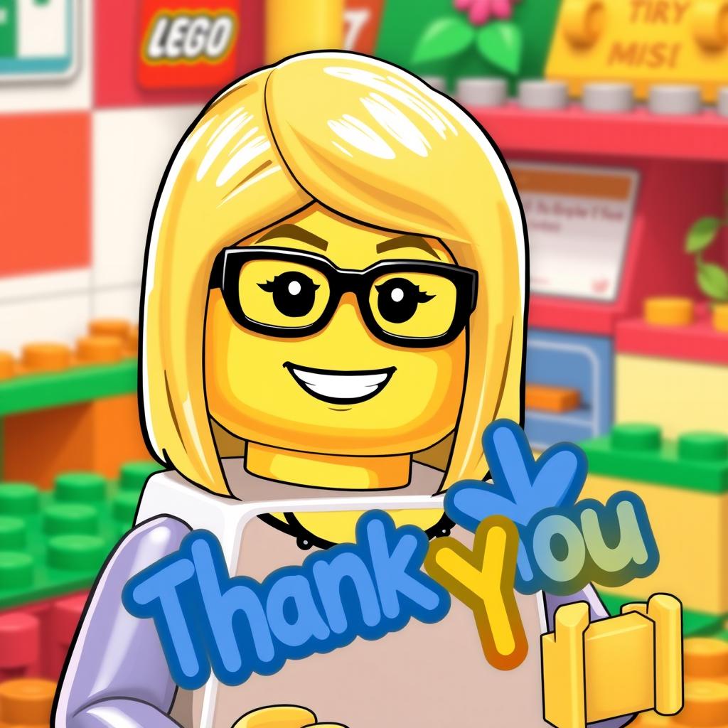A cheerful illustration of a LEGO figurine, depicting a woman with shoulder-length straight blonde hair and stylish glasses