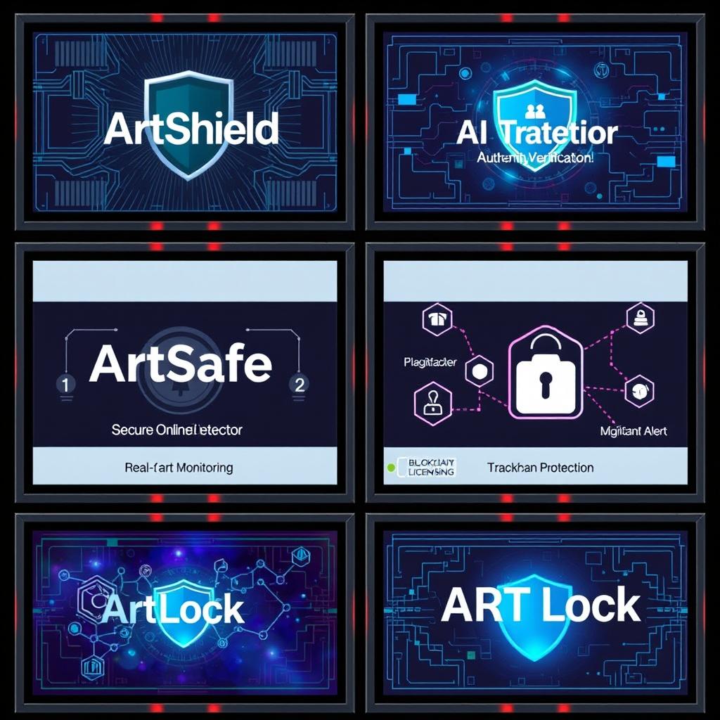 A visually appealing digital art representation divided into eight frames, each showcasing different concepts related to digital art protection and security