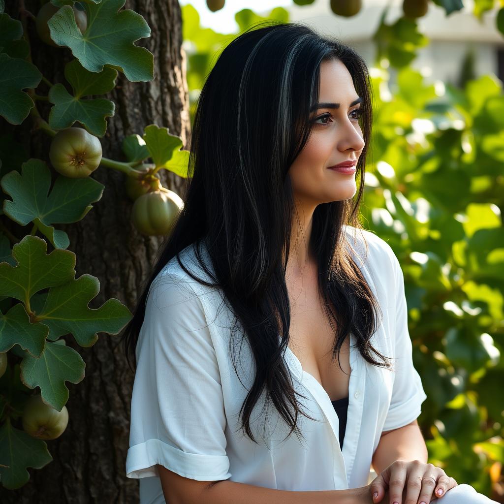 A 46-year-old Iranian mother with thick, long black hair featuring streaks of white, beautiful fair skin, wearing a thin, white open-necked shirt with short sleeves