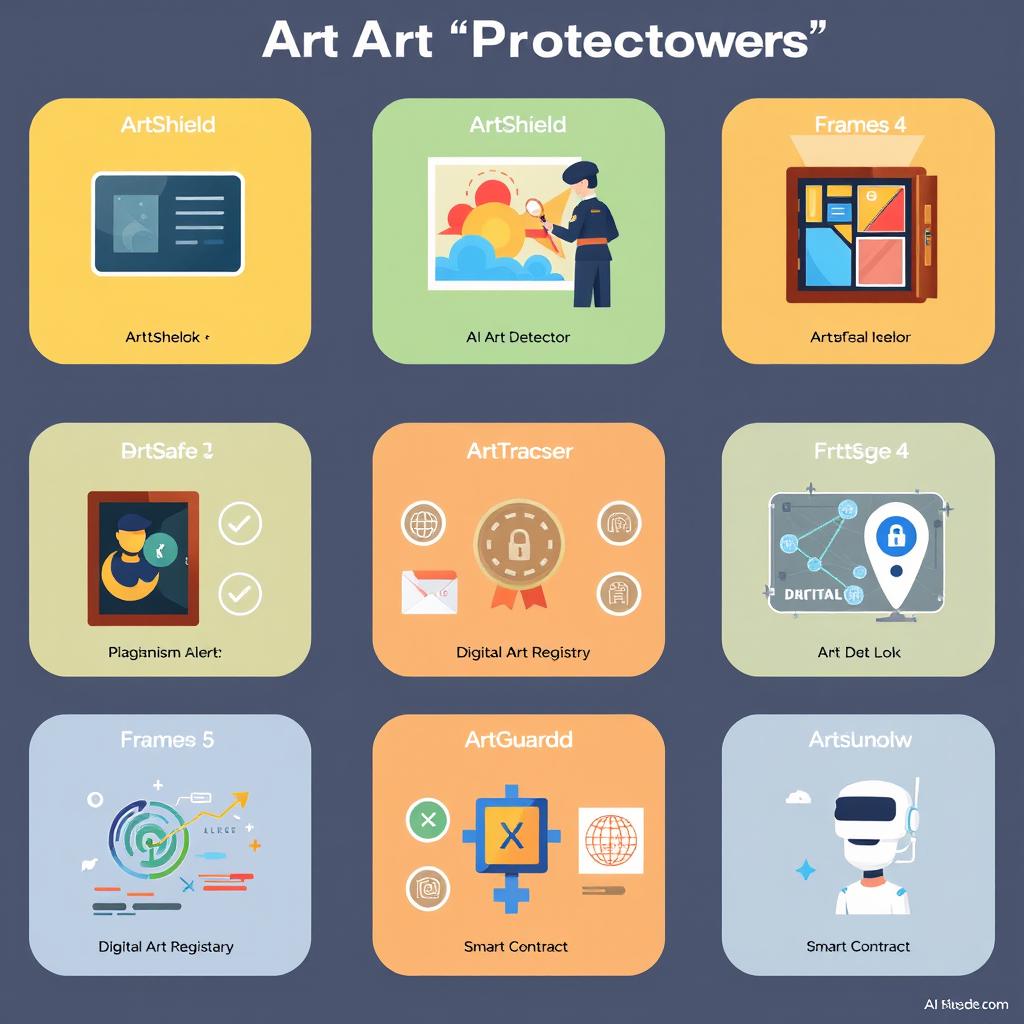 An infographic showcasing various digital art protection solutions presented in eight frames