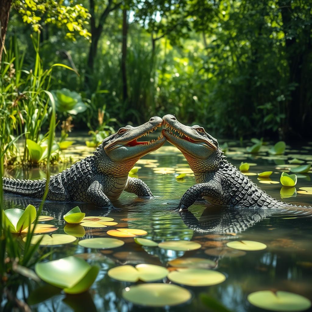 A captivating scene depicting two alligators engaged in a courtship display in a lush swamp environment
