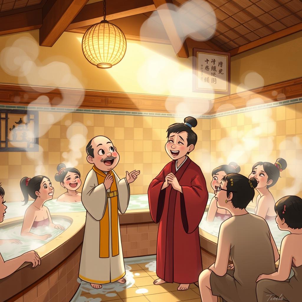 A whimsical and humorous scene set in a traditional women's bathhouse