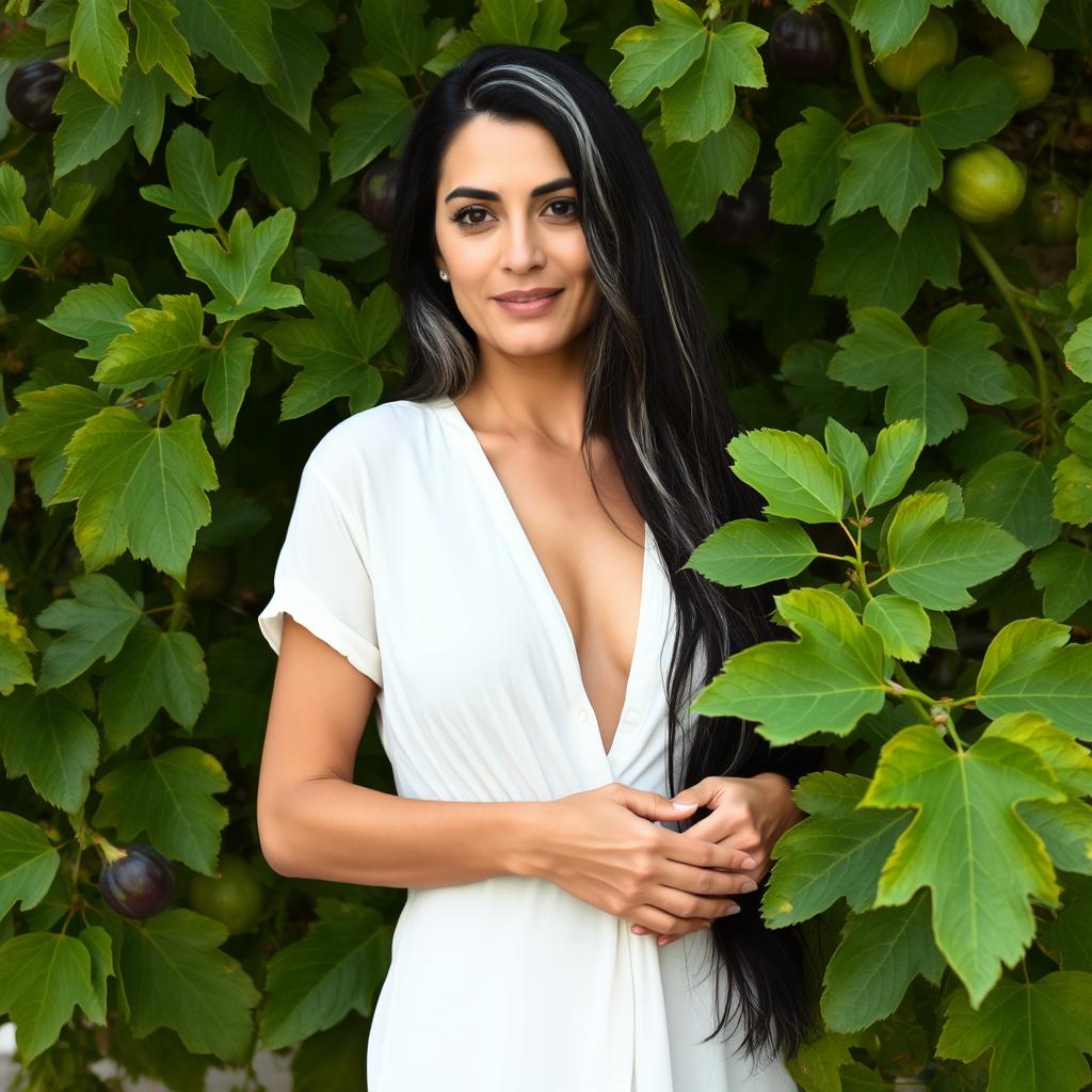 A 46-year-old Iranian mother with thick, long black hair featuring streaks of white, very beautiful fair skin, wearing a white, thin, open-necked shirt with short sleeves