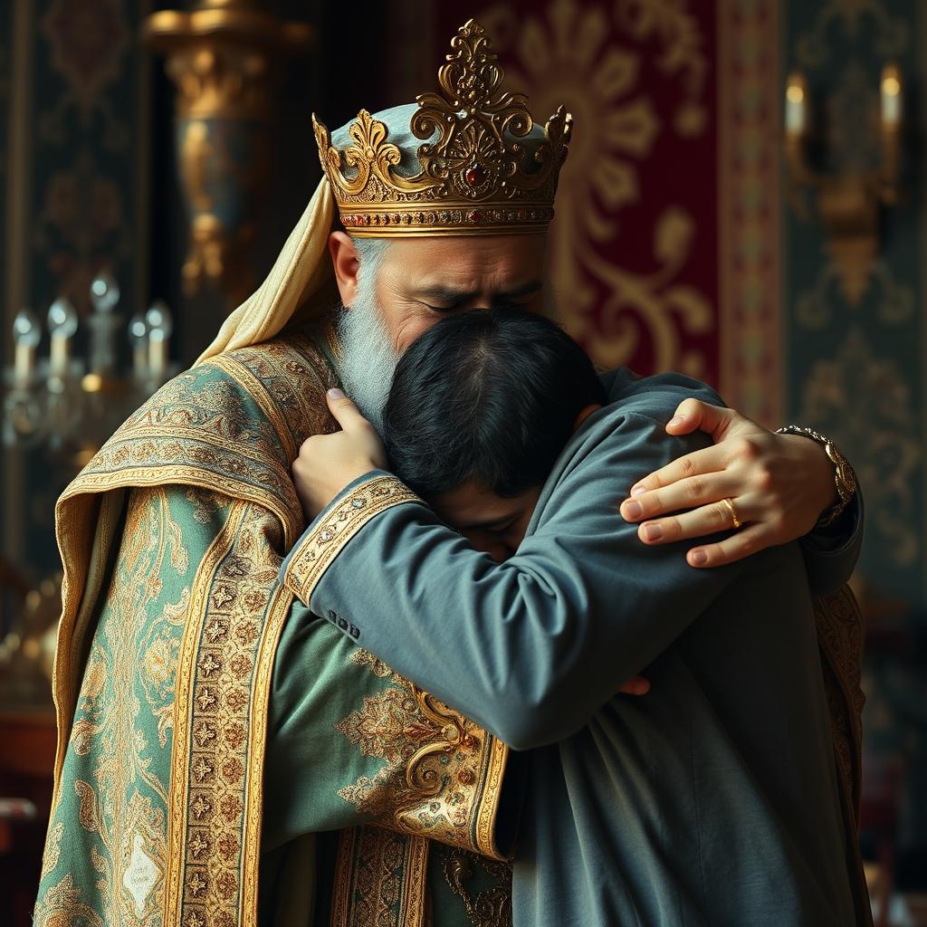 An Iranian king in an elaborate royal outfit, filled with emotion and tears, embracing his 24-year-old son, who is dressed in casual clothes
