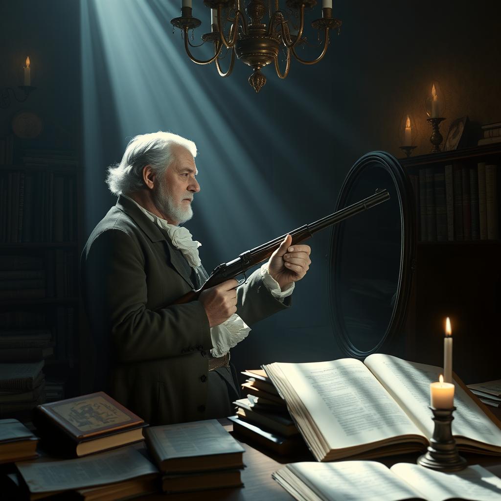 A dramatic reinterpretation of the philosopher Montesquieu in a surreal setting, capturing a moment of introspection