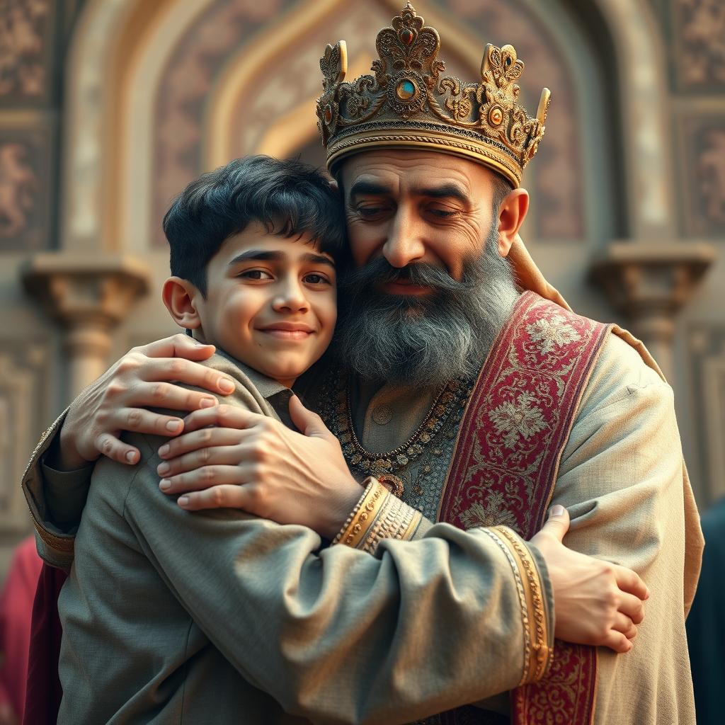 An emotional scene depicting an Iranian king embracing his 24-year-old son