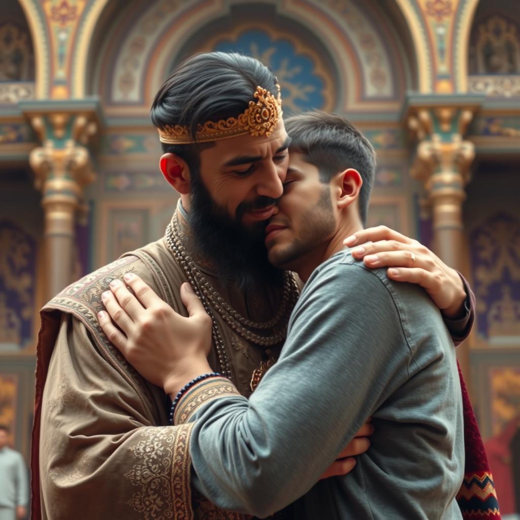 An Iranian king embracing his 24-year-old son, who is dressed in casual clothing