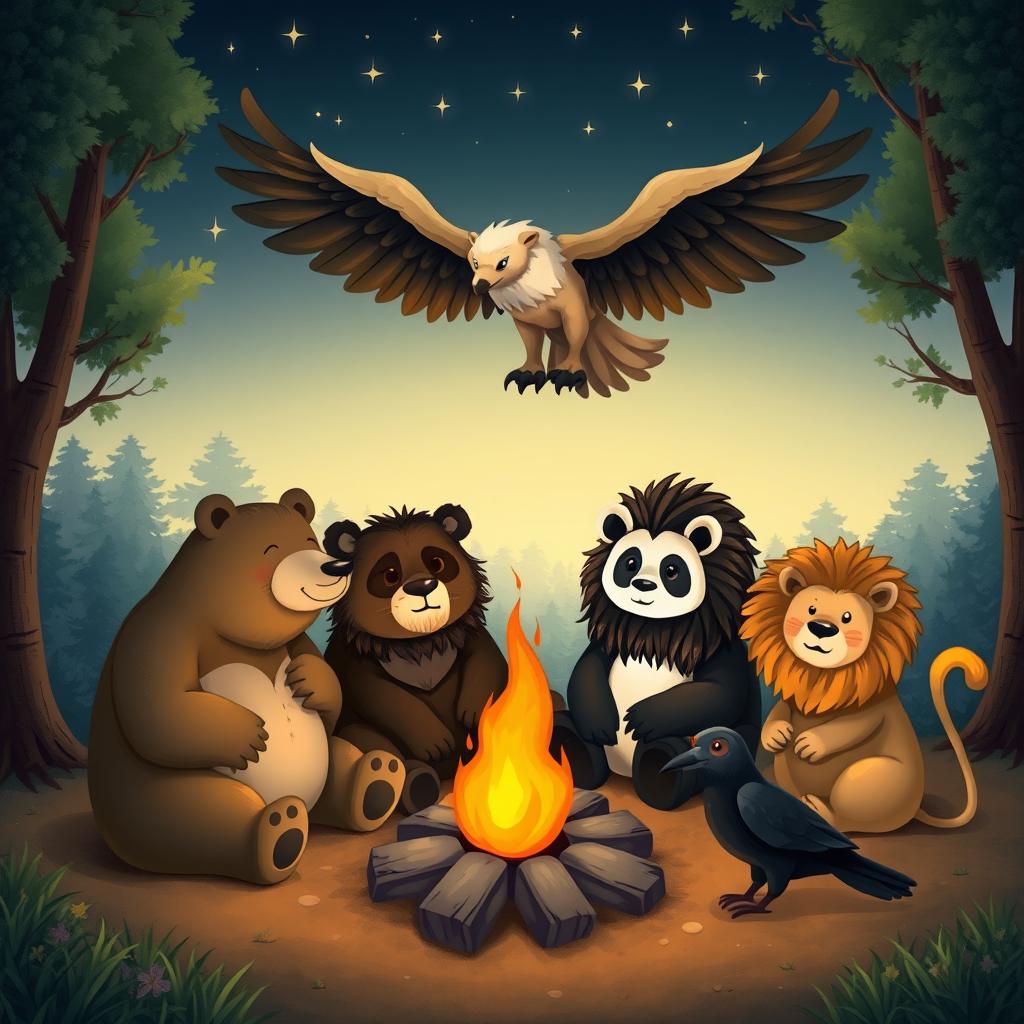 A whimsical and cozy scene featuring a bear, a panda, two lions, and a crow sitting around a crackling campfire