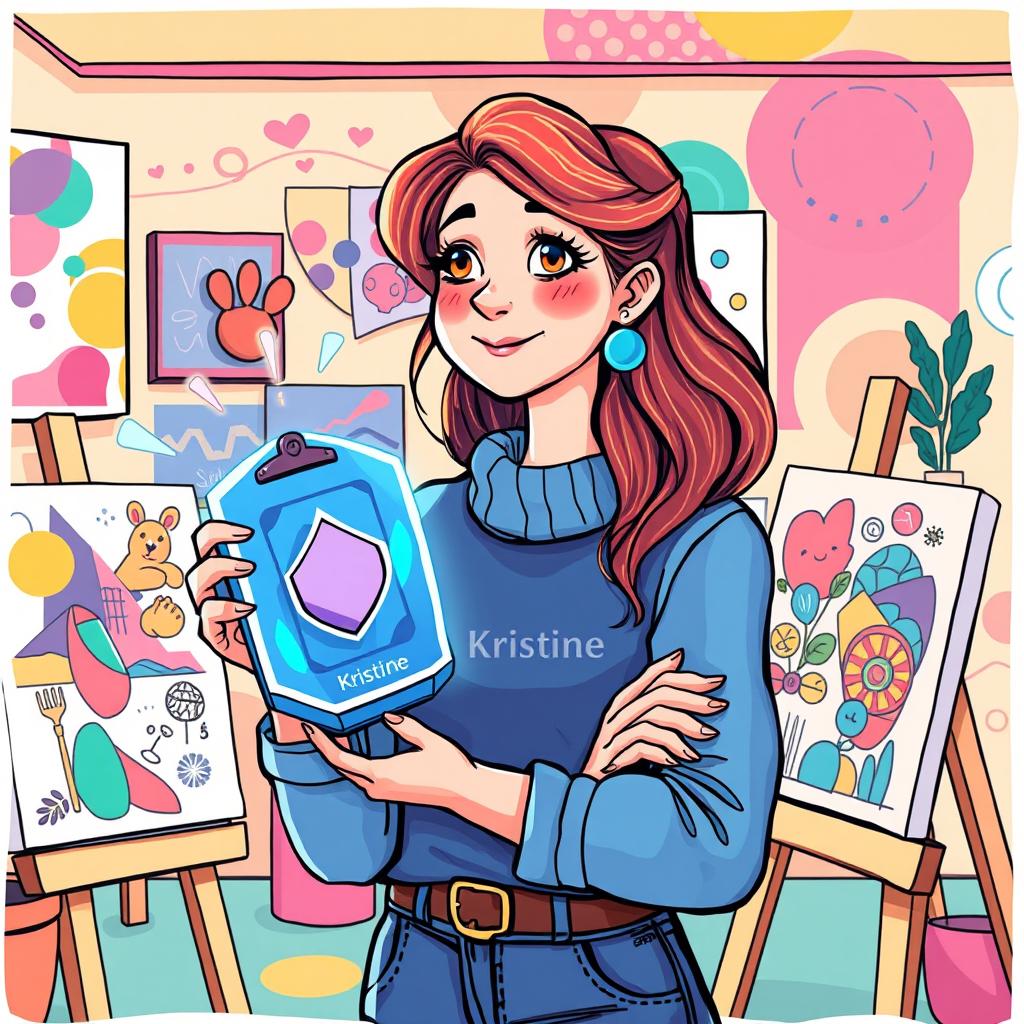 A whimsical and colorful illustration of Kristine, a passionate and imaginative artist, in her vibrant studio, surrounded by her beautiful original artworks