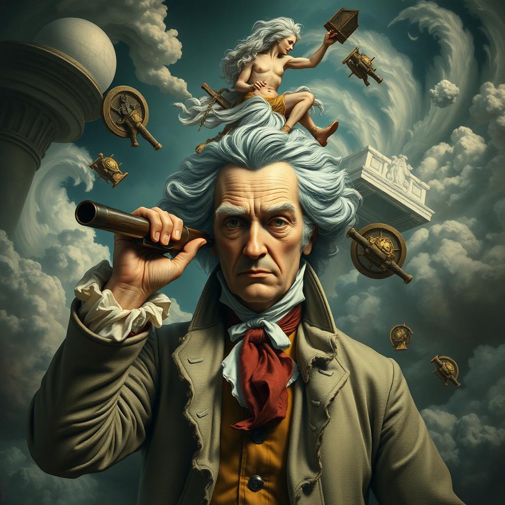 An imaginative and surreal representation of Montesquieu, the famous French philosopher, in a dramatic scene shooting himself in the head, surrounded by chaotic elements that symbolize his philosophical ideas