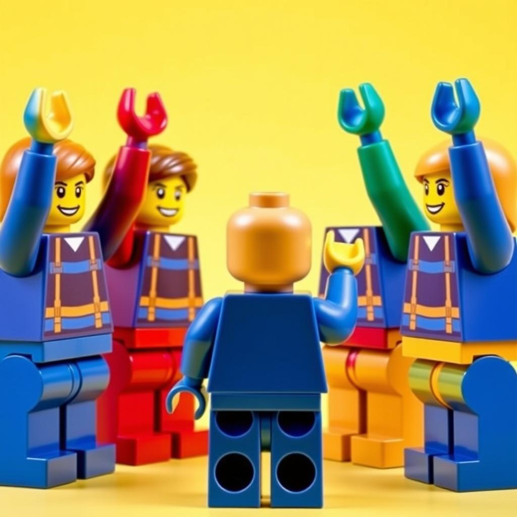 Four identical LEGO figures are joyfully raising their left hands up in a cheerful pose