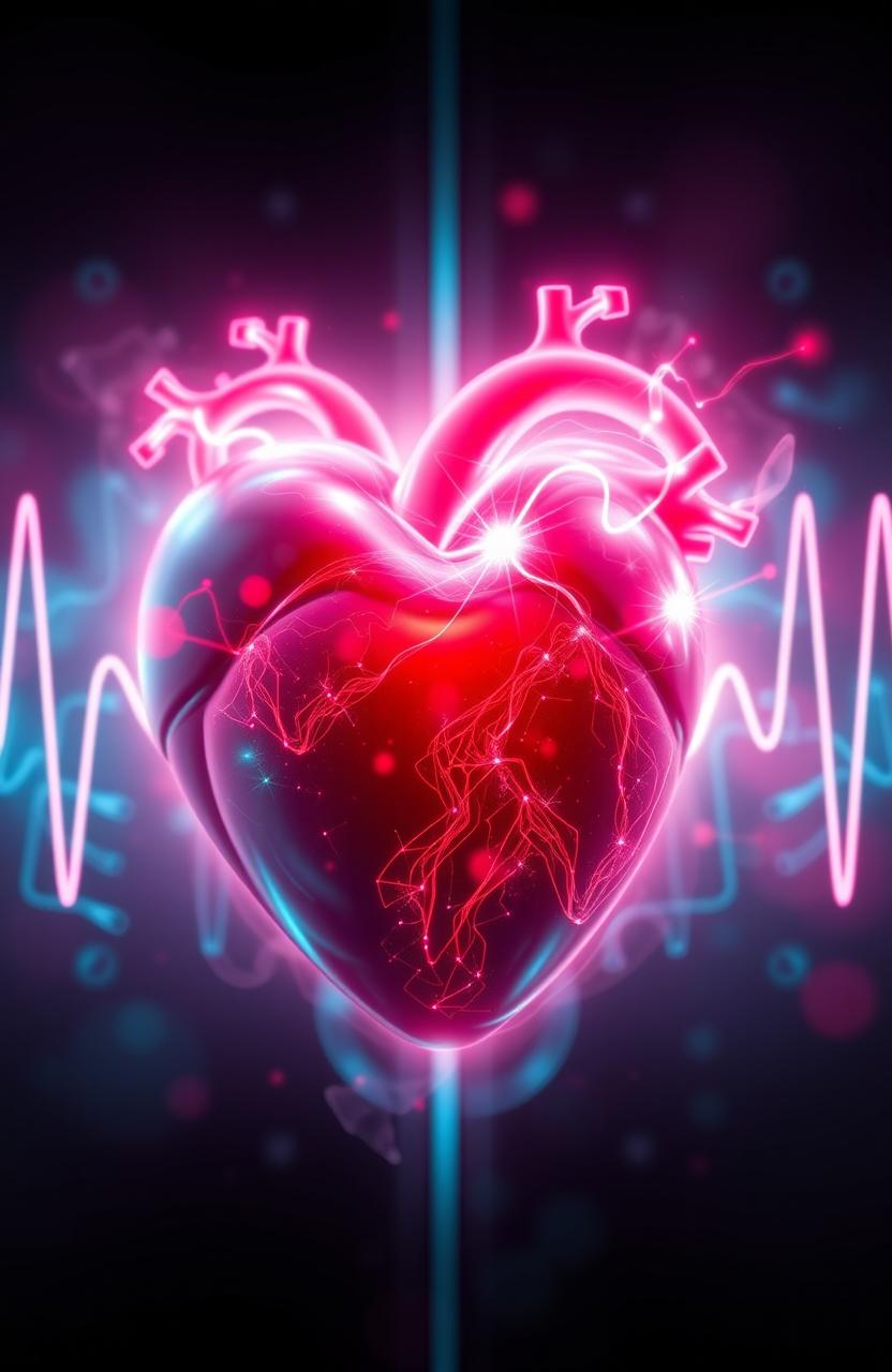 A surreal representation of an incomplete heartbeat, depicted as an abstract visualization of a heart shape with pulsating energy, featuring vibrant colors like deep reds, bright pinks, and glowing whites