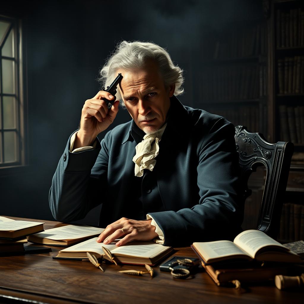 A dramatic and somber portrait of Montesquieu, the French philosopher known for his theory of separation of powers