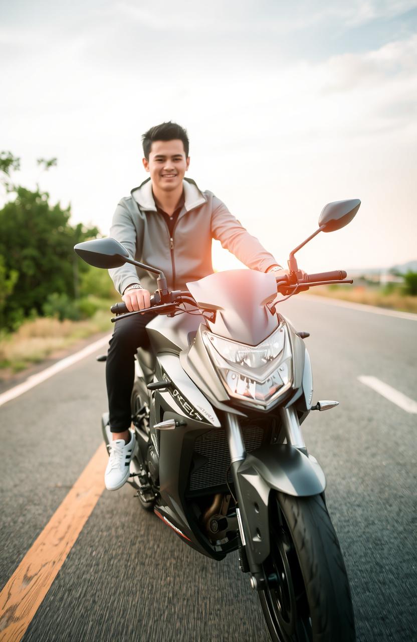 A young man wearing a gray jacket and white sports shoes riding a motorcycle, stopping in the middle of a road