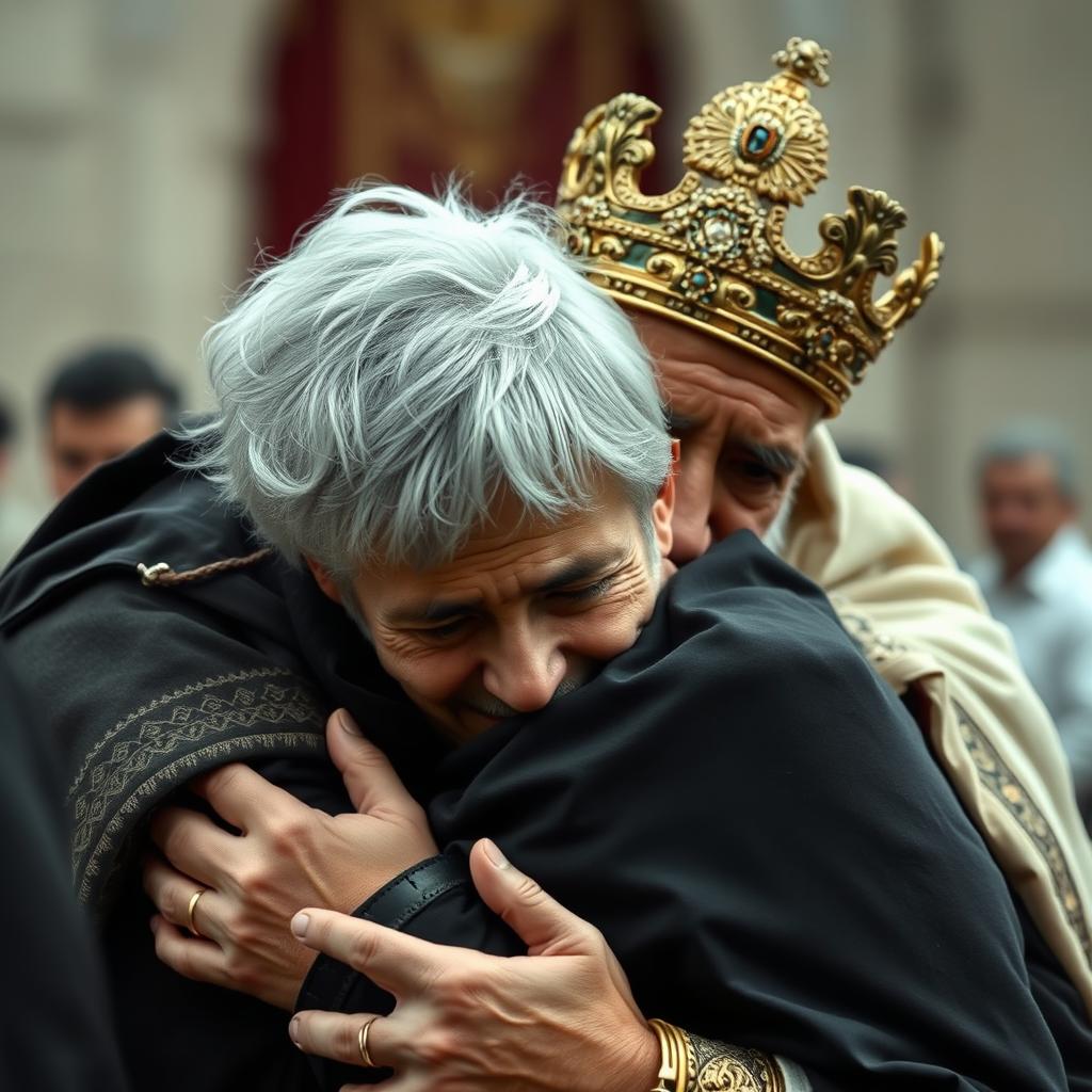 An Iranian king embracing his 27-year-old son, who has white hair