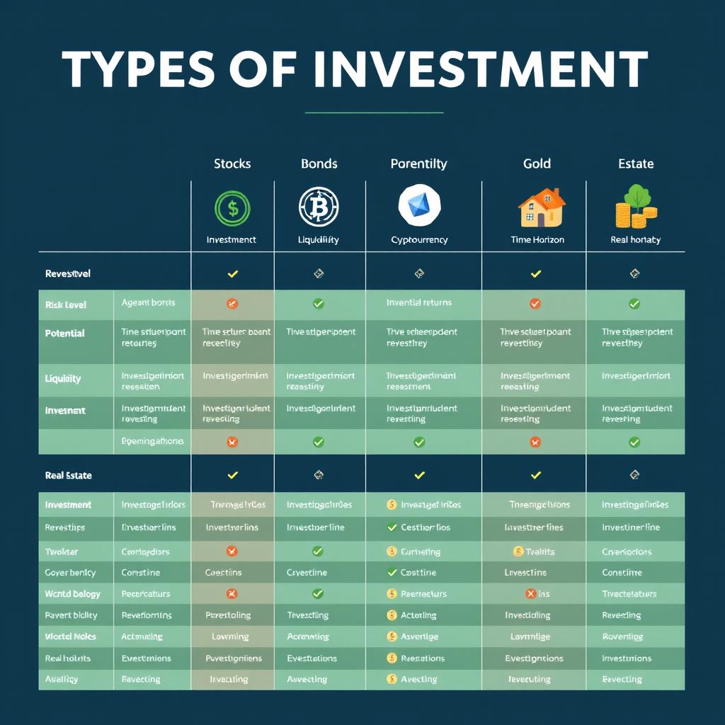 A detailed infographic table comparing types of investments including stocks, bonds, cryptocurrency, gold, and real estate