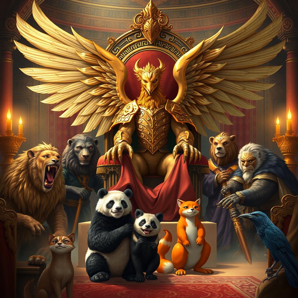 A majestic griffin sits regally on a grand throne, adorned in intricate golden armor, with its wings elegantly spread