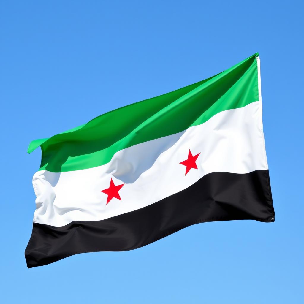 The Syrian independence flag, featuring three horizontal stripes: the top stripe is vibrant green, the middle is bright white with a distinctive pattern of three small red stars, and the bottom stripe is strong black