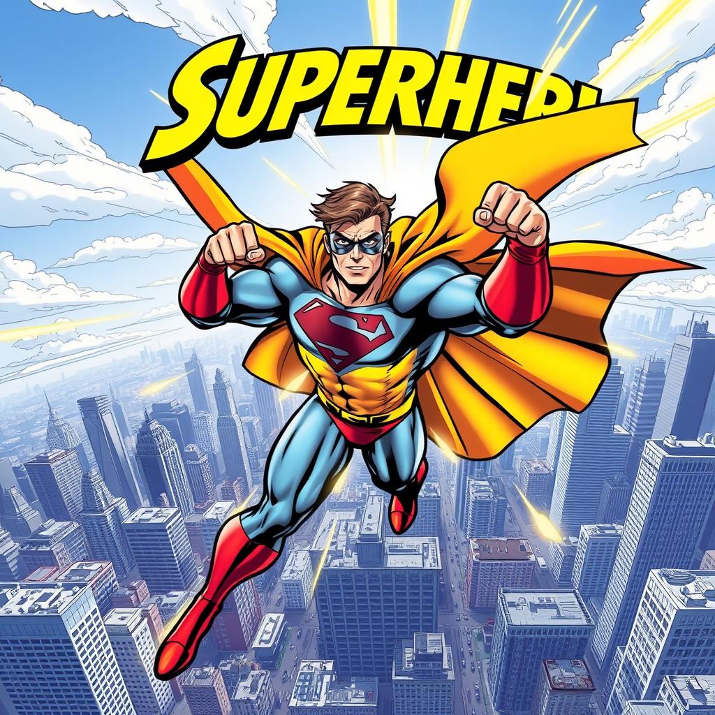 A dynamic superhero in action on a comic book cover, showcasing their incredible powers